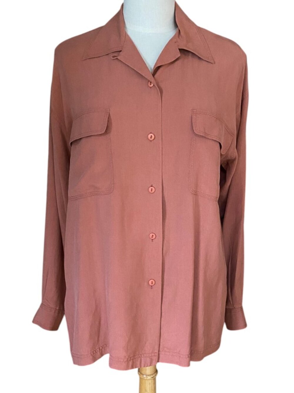 Vintage Hype 100% Silk Button Down Shirt Tunic Muted Terra Cotta Quiet Luxury-S
